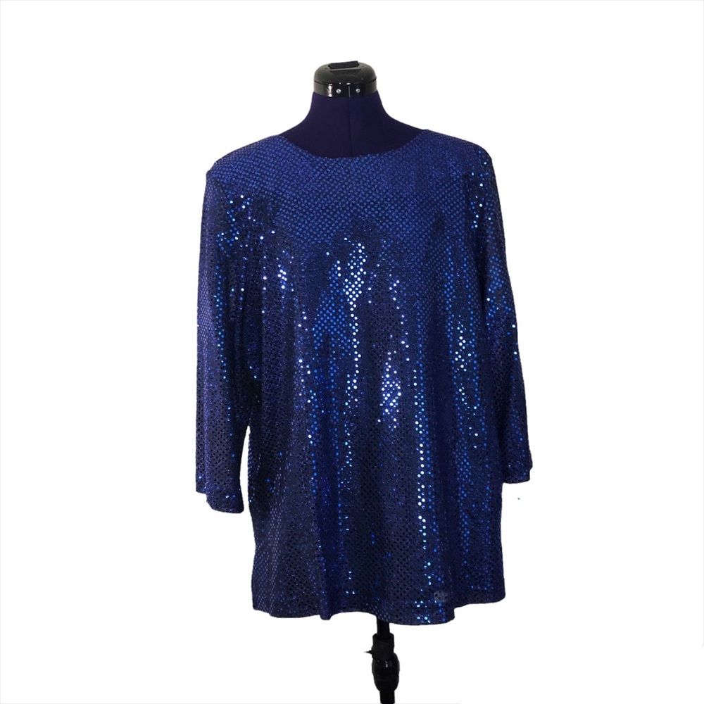 Brenda Goode Blue Metallic Shiny Sequins Short Sleeve Top
